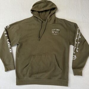 Salty Crew Hoodie Mens L Olive Green Shark Graphic Fishing Pullover Sweatshirt